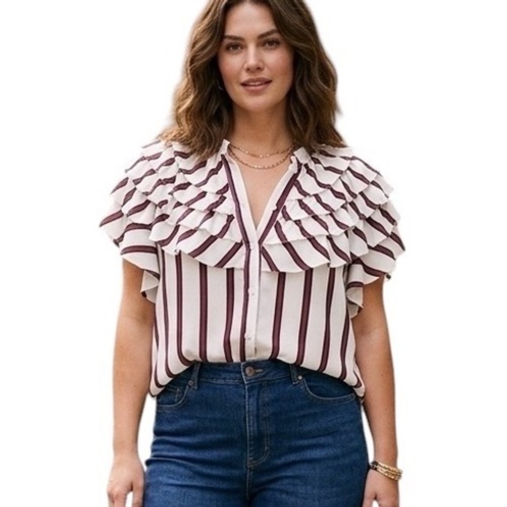 Dice Womens‎ XL Striped Ruffle Tiered Button Front Blouse Office Dark Academia